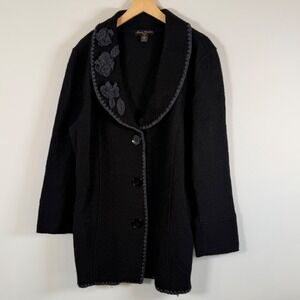 Marisa‎ Christina 100% Boiled Wool Coat Jacket 2X Floral Embroidered Trim Black